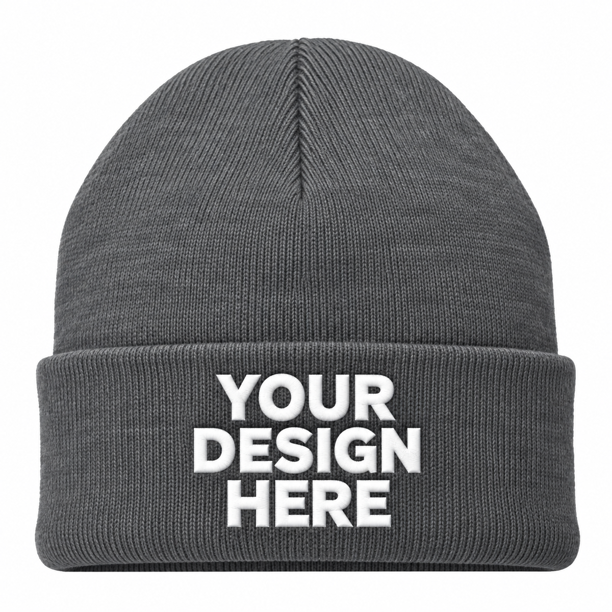 Gray custom cuffed knit beanie with logo on front
