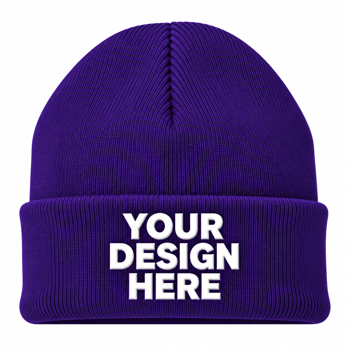 Purple custom cuffed knit beanie with logo on front