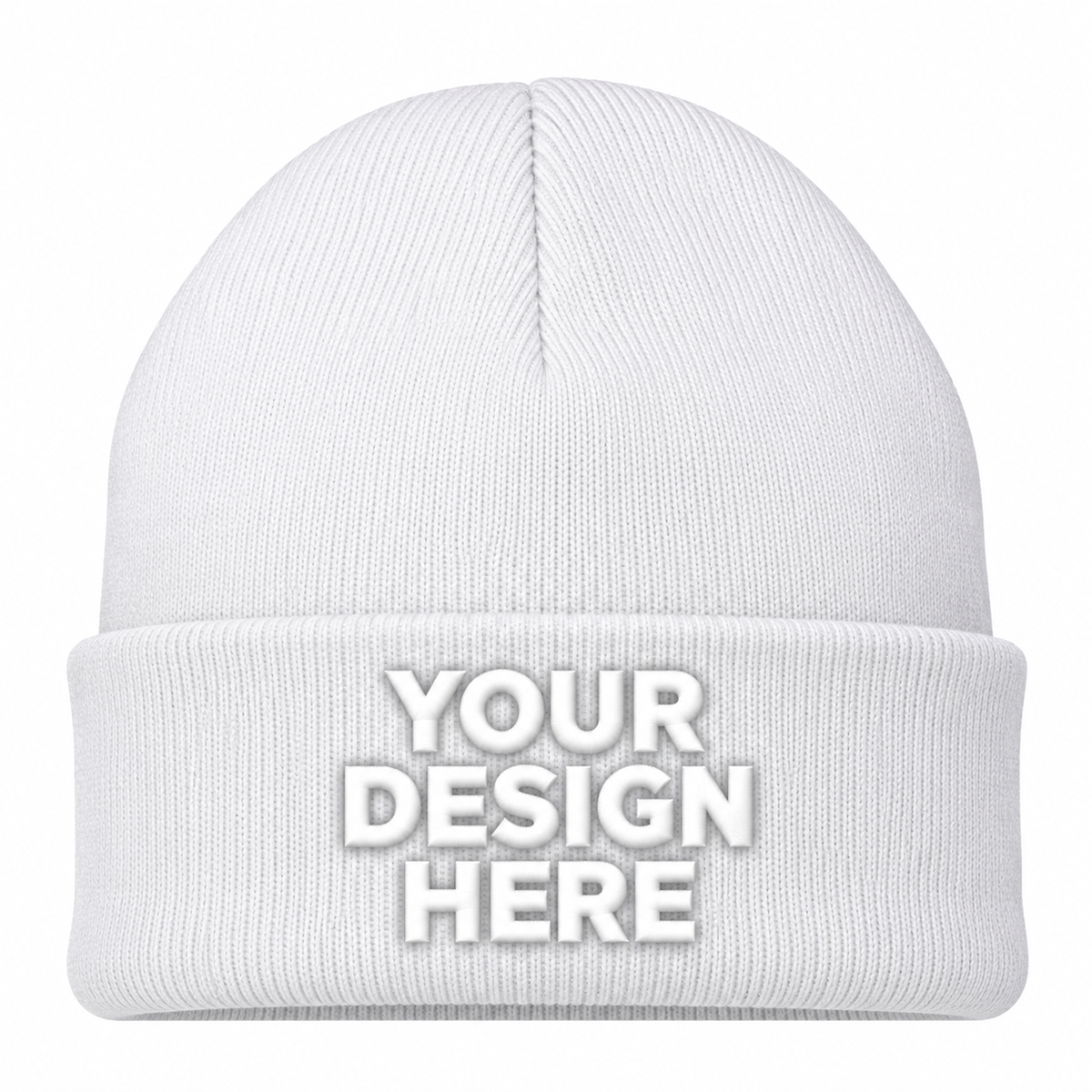White custom cuffed knit beanie with logo on front
