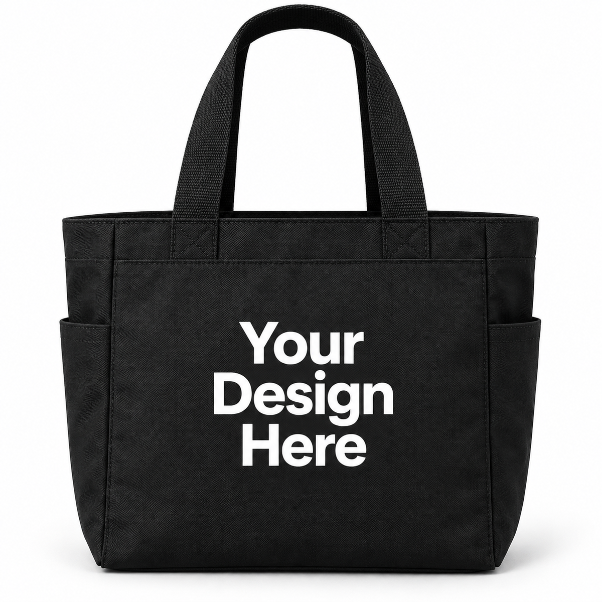 Custom essential tote bag in Black with Your Design Here centered on the front