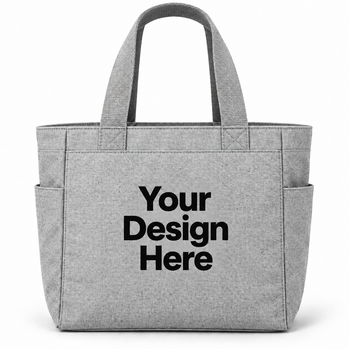 Custom essential tote bag in Heather Grey with Your Design Here centered on the front