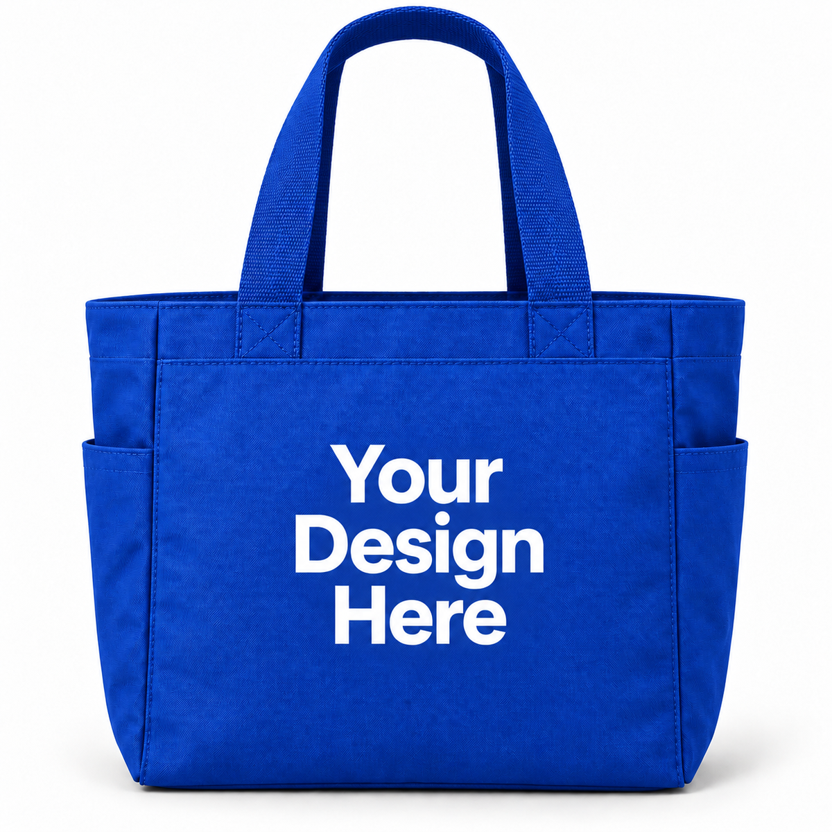 Custom essential tote bag in Royal with Your Design Here centered on the front