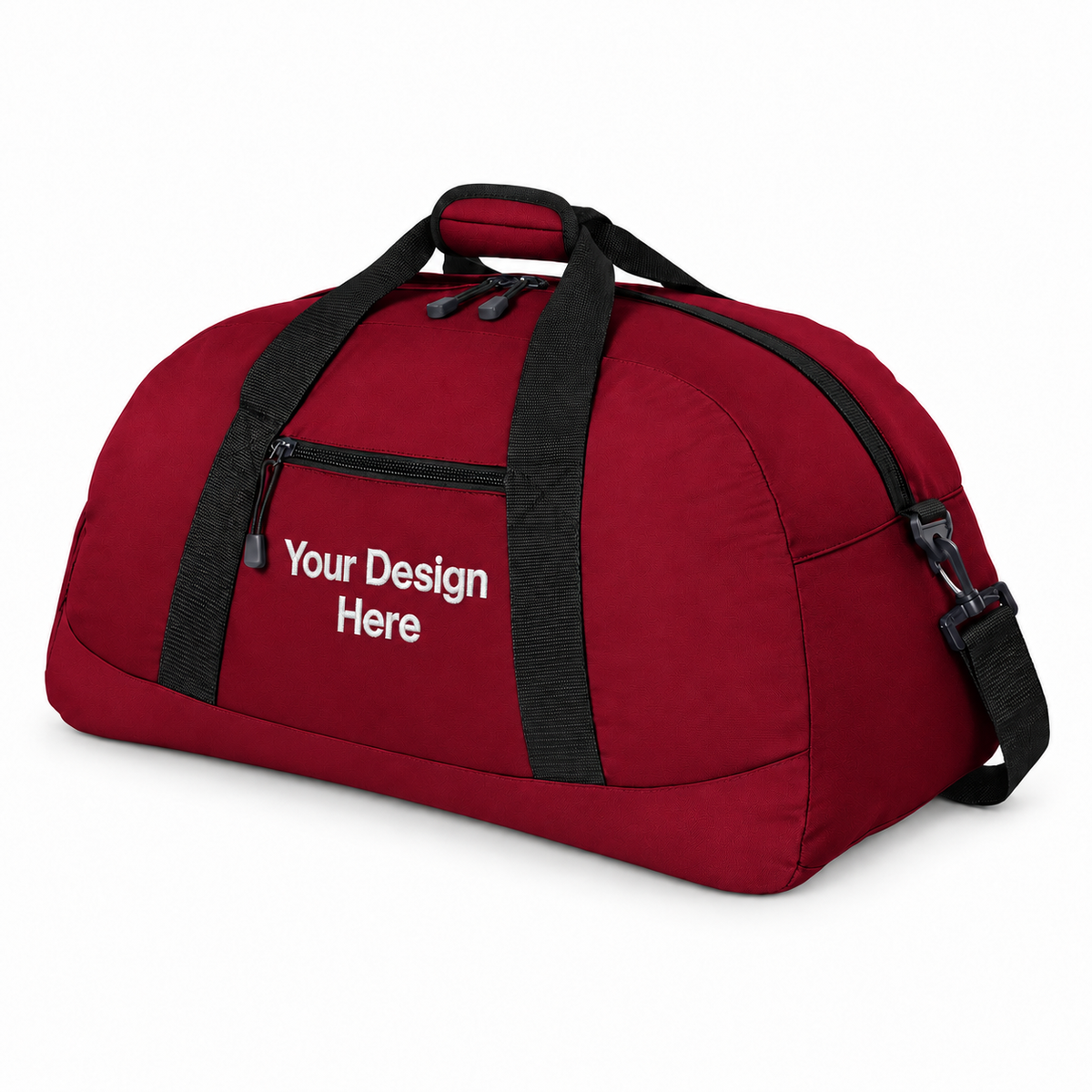 Custom large duffel bag in Red with Your Design Here centered below the front zipper