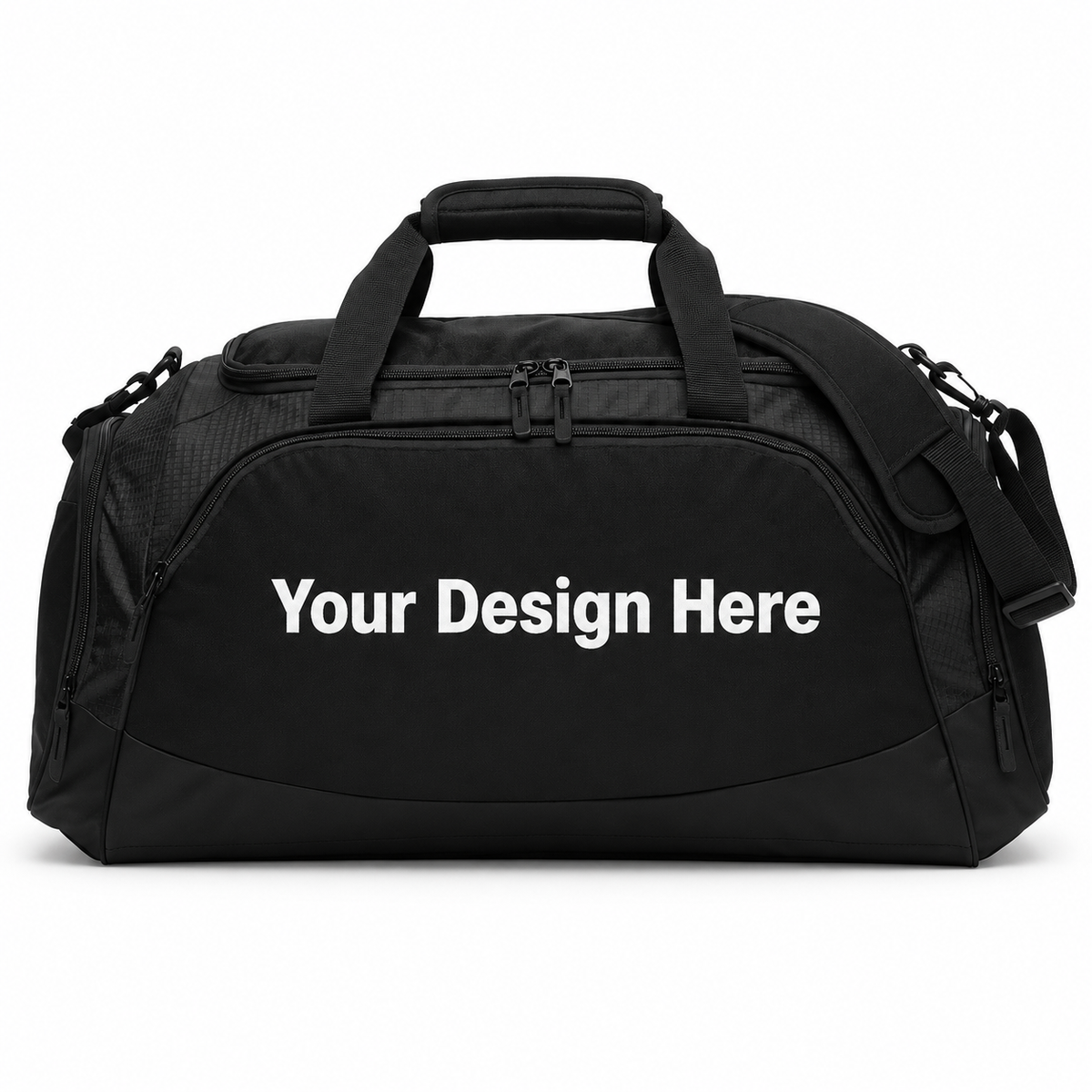 Custom medium active duffel bag in Black/Black with front decoration area