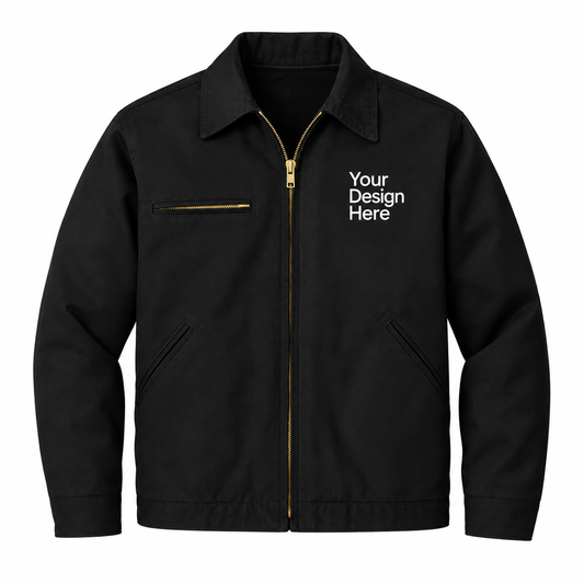 A black zip-up work jacket with gold-tone zipper details, a pointed collar, and white placeholder text on the left chest reading 'Your Design Here'.