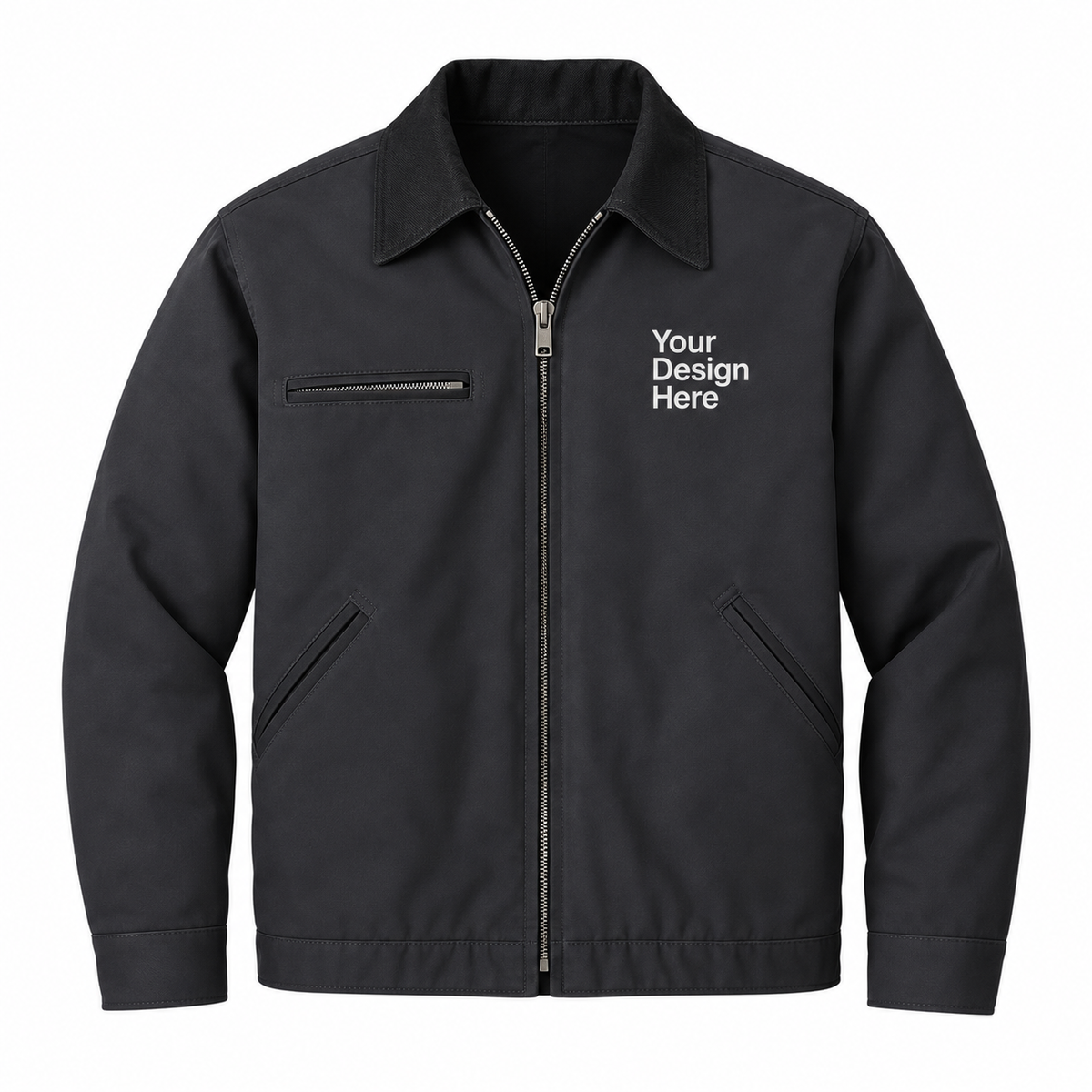 A black zip-up work jacket with a stand collar, zippered chest pocket, and two diagonal front hand pockets. The left chest features white placeholder text reading 'Your Design Here' indicating a customizable print area.