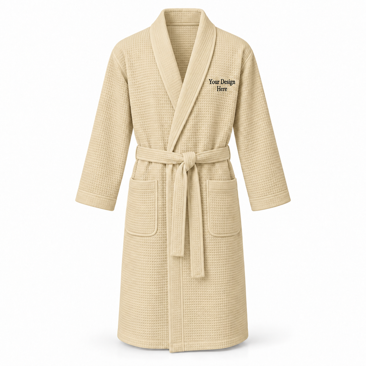 Custom men's lightweight waffle robe in Beige with left chest embroidery