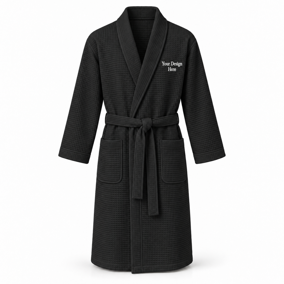 Custom men's lightweight waffle robe in Black with left chest embroidery