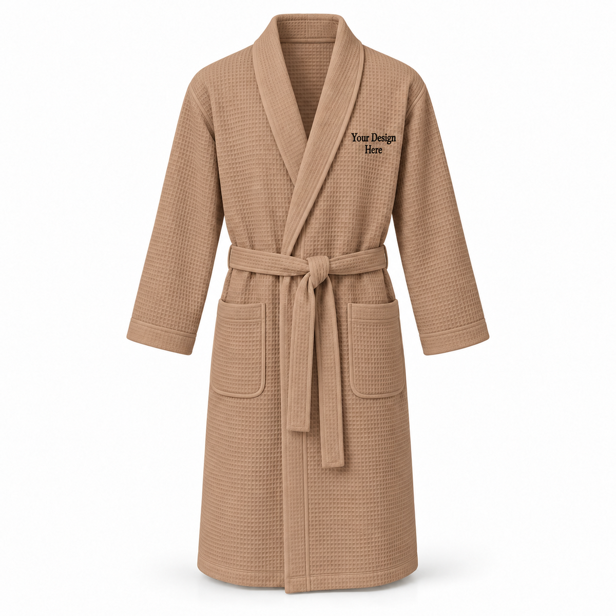Custom men's lightweight waffle robe in Camel with left chest embroidery