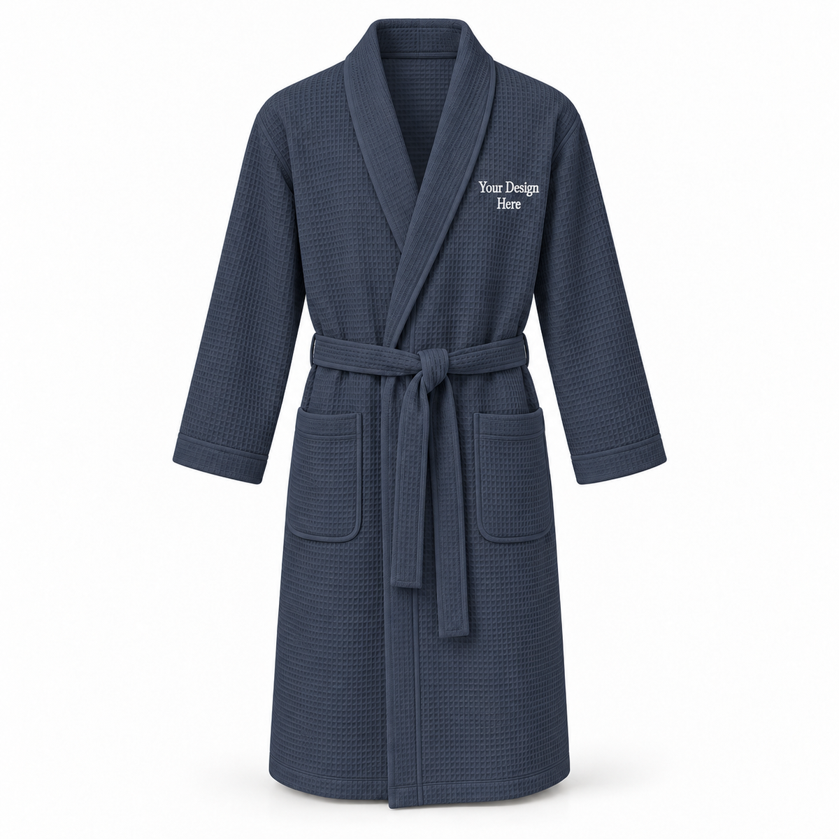 Custom men's lightweight waffle robe in Navy with left chest embroidery