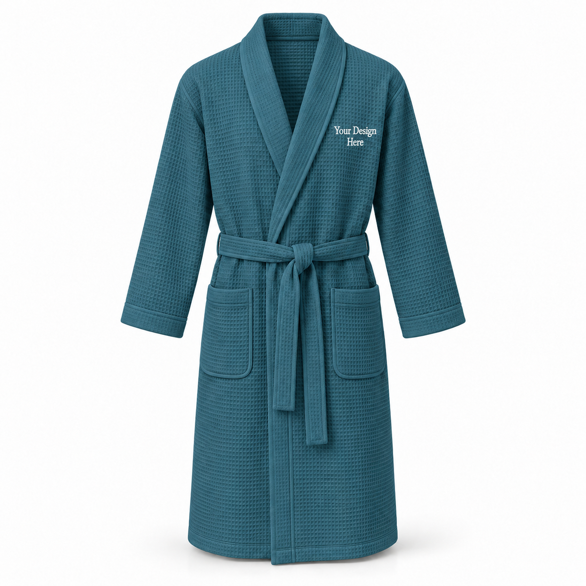 Custom men's lightweight waffle robe in Teal with left chest embroidery