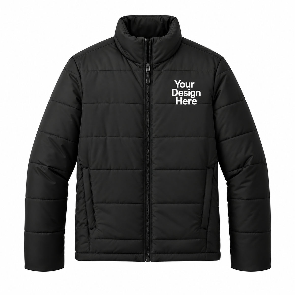 A black quilted puffer jacket with a stand-up collar, front zipper, and white placeholder text reading 'Your Design Here' on the left chest, shown on a plain white background.