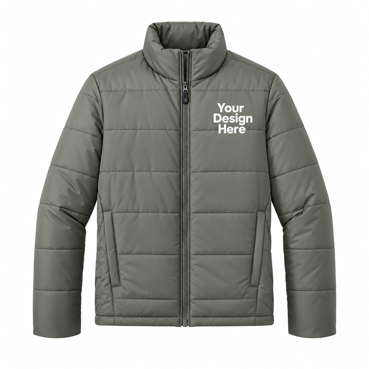 An olive green puffer jacket with a mock neck, full zipper, and a white placeholder text 'Your Design Here' printed on the left chest, shown on a plain white background.