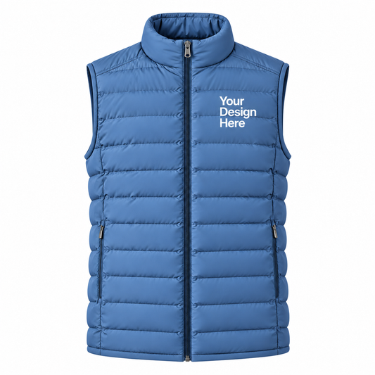 Blue custom men's lightweight puffer vest with embroidered logo on front chest