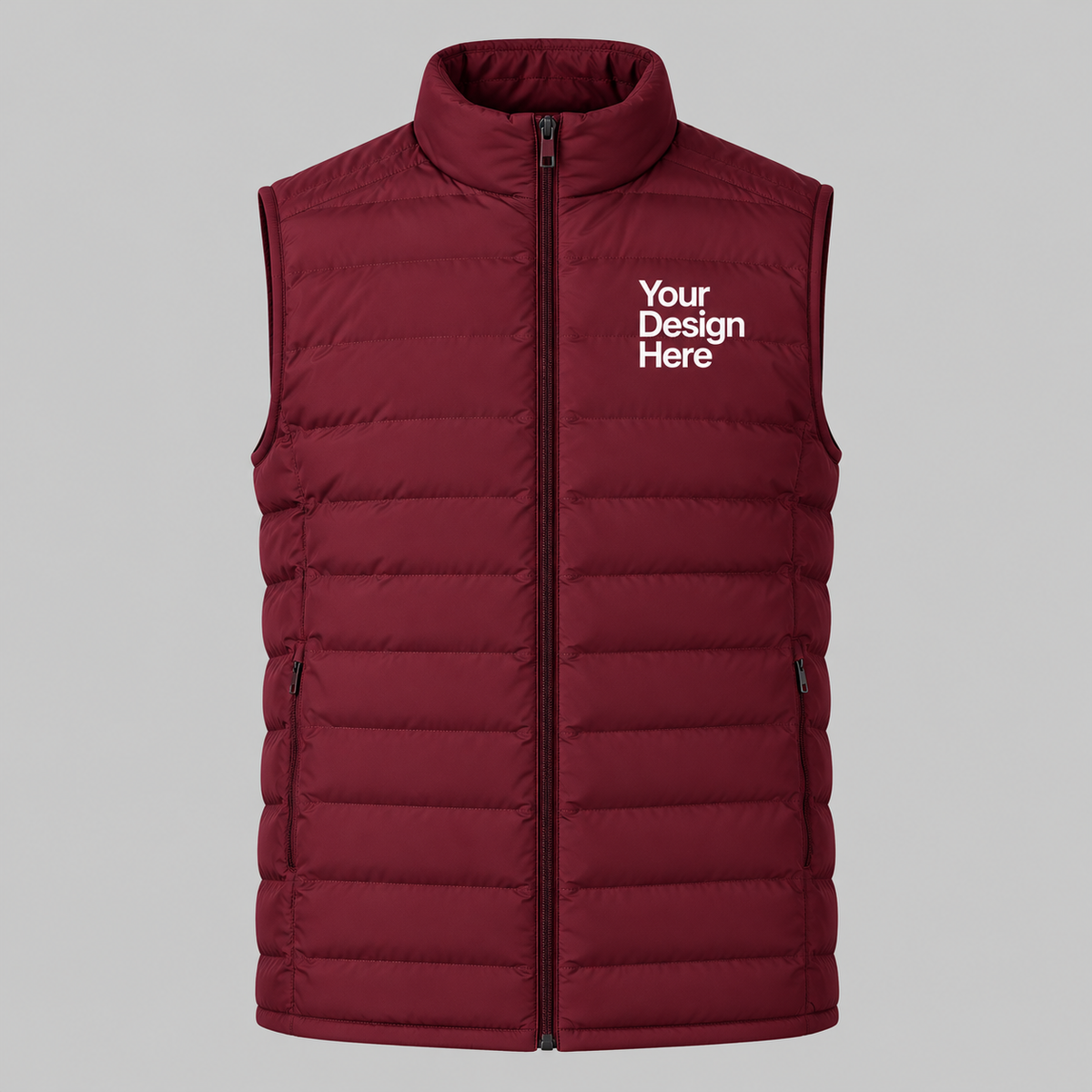 Red custom men's lightweight puffer vest with embroidered logo on front chest