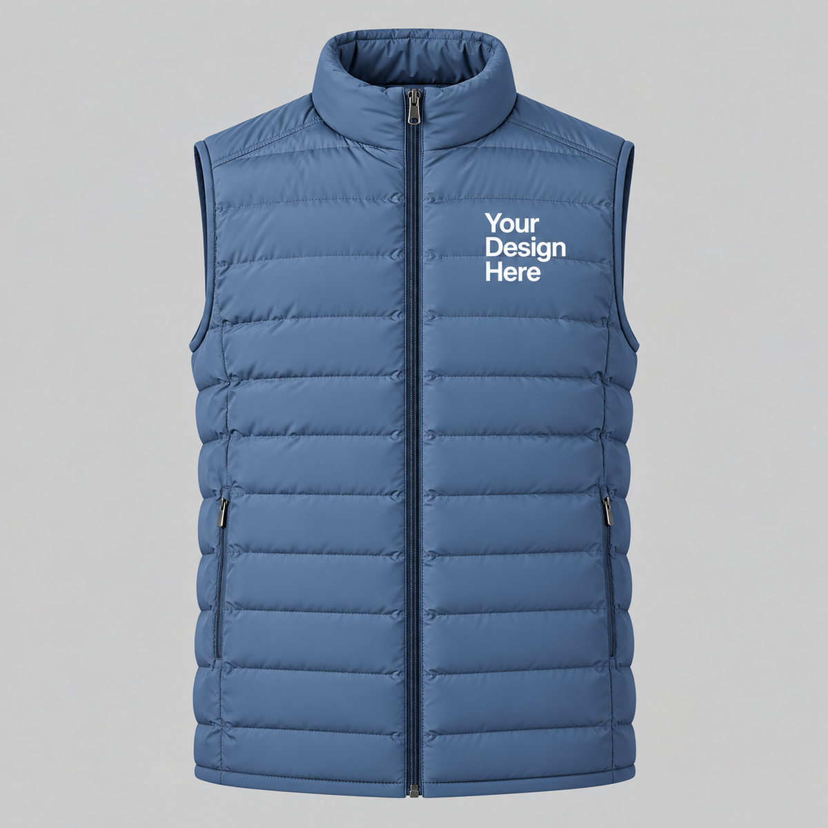 Sky blue custom men's lightweight puffer vest with embroidered logo on front chest