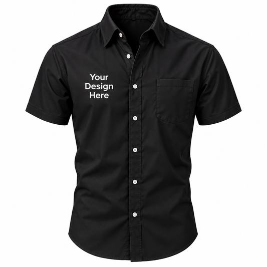 Black custom men's short sleeve button-down shirt with logo on left chest
