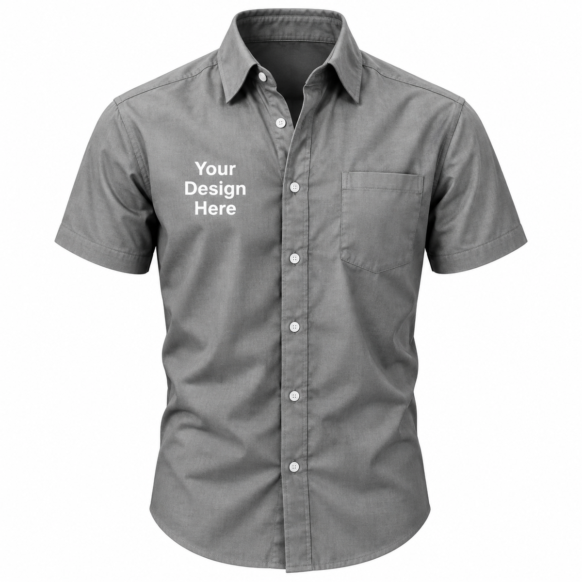 Gray custom men's short sleeve button-down shirt with logo on left chest