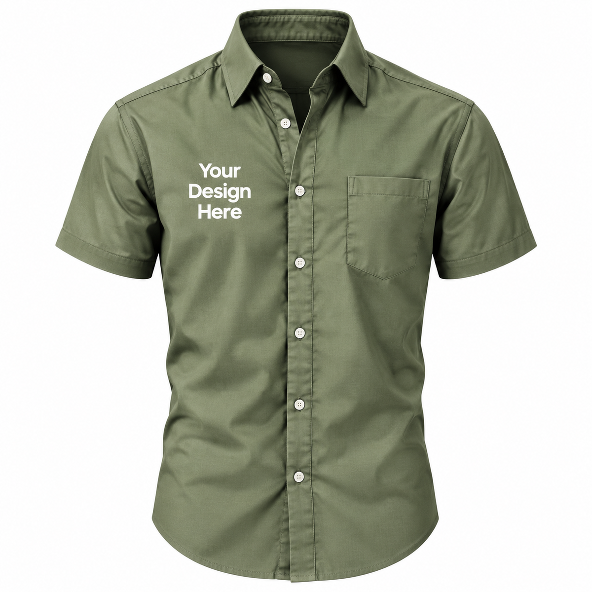 Green custom men's short sleeve button-down shirt with logo on left chest