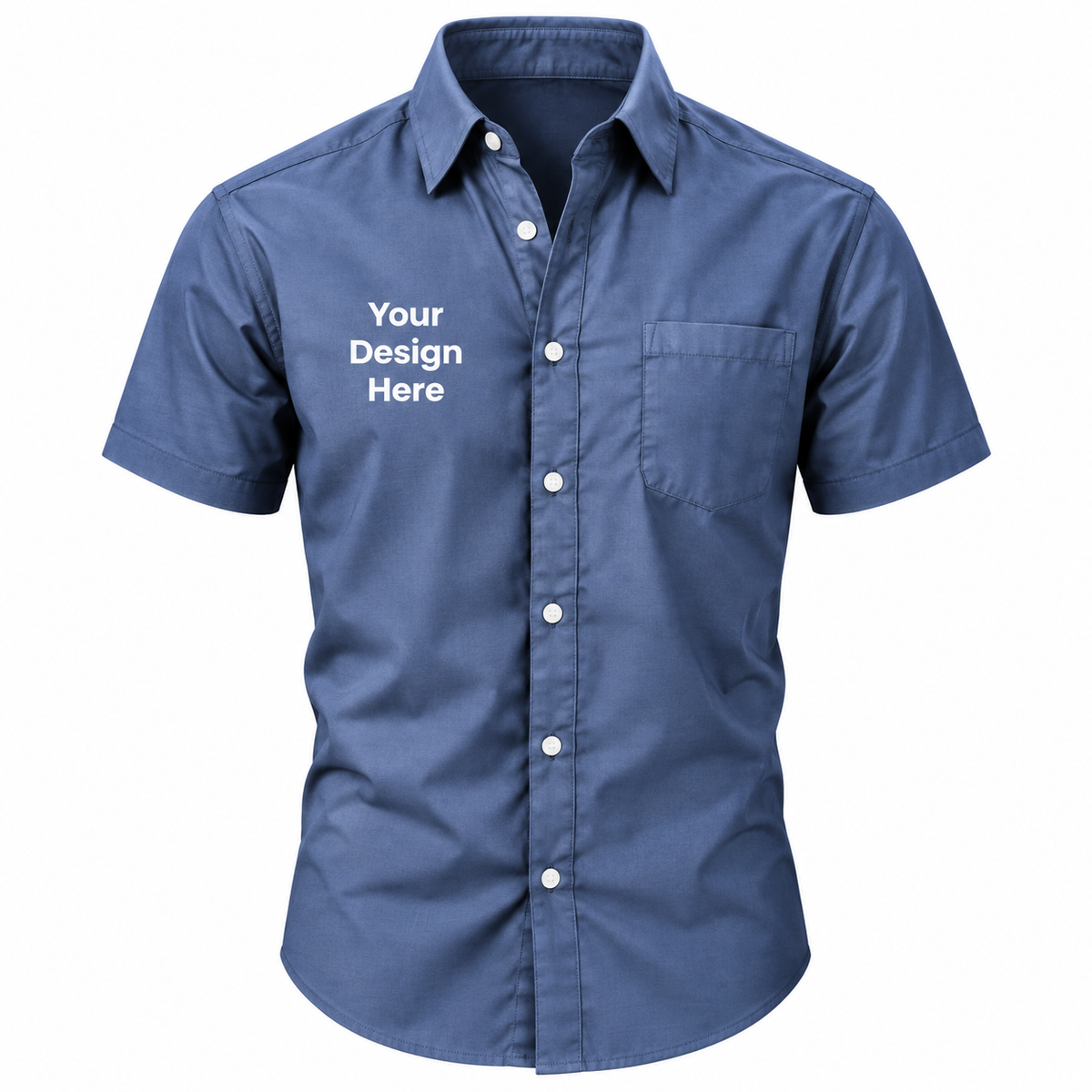 Royal blue custom men's short sleeve button-down shirt with logo on left chest