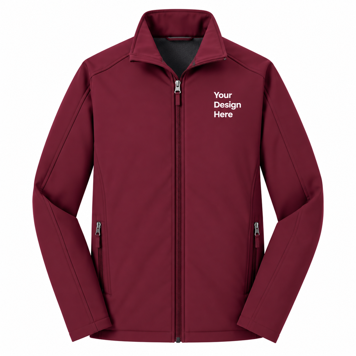 A maroon zip-up jacket with a stand collar, featuring 'Your Design Here' printed in white on the left chest, displayed on a clean white background.