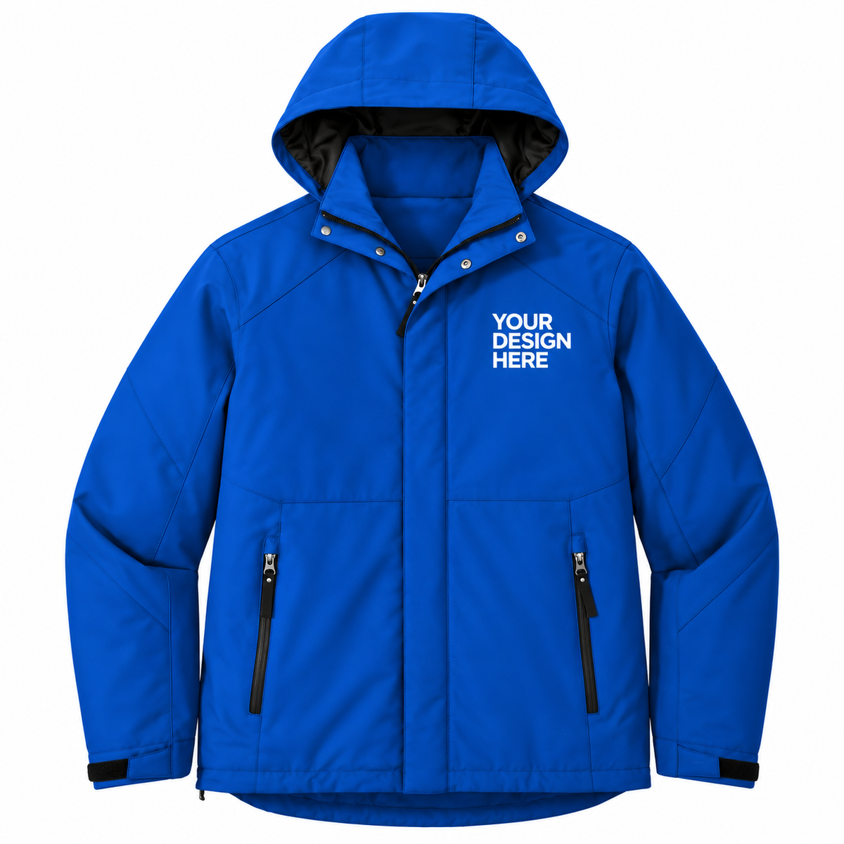 A royal blue hooded jacket with a front zipper, two vertical zippered pockets, and white placeholder text on the left chest reading 'YOUR DESIGN HERE'. The jacket is shown on a plain white background.