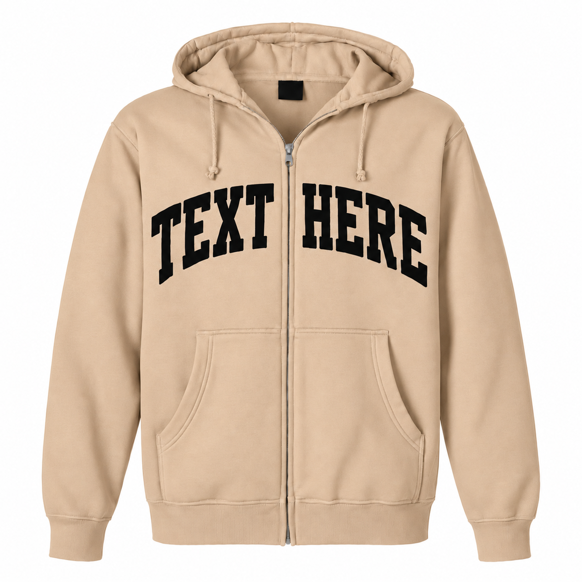 A beige zip-up hoodie with 'TEXT HERE' printed in black arched varsity letters across the chest, shown on a plain white background.