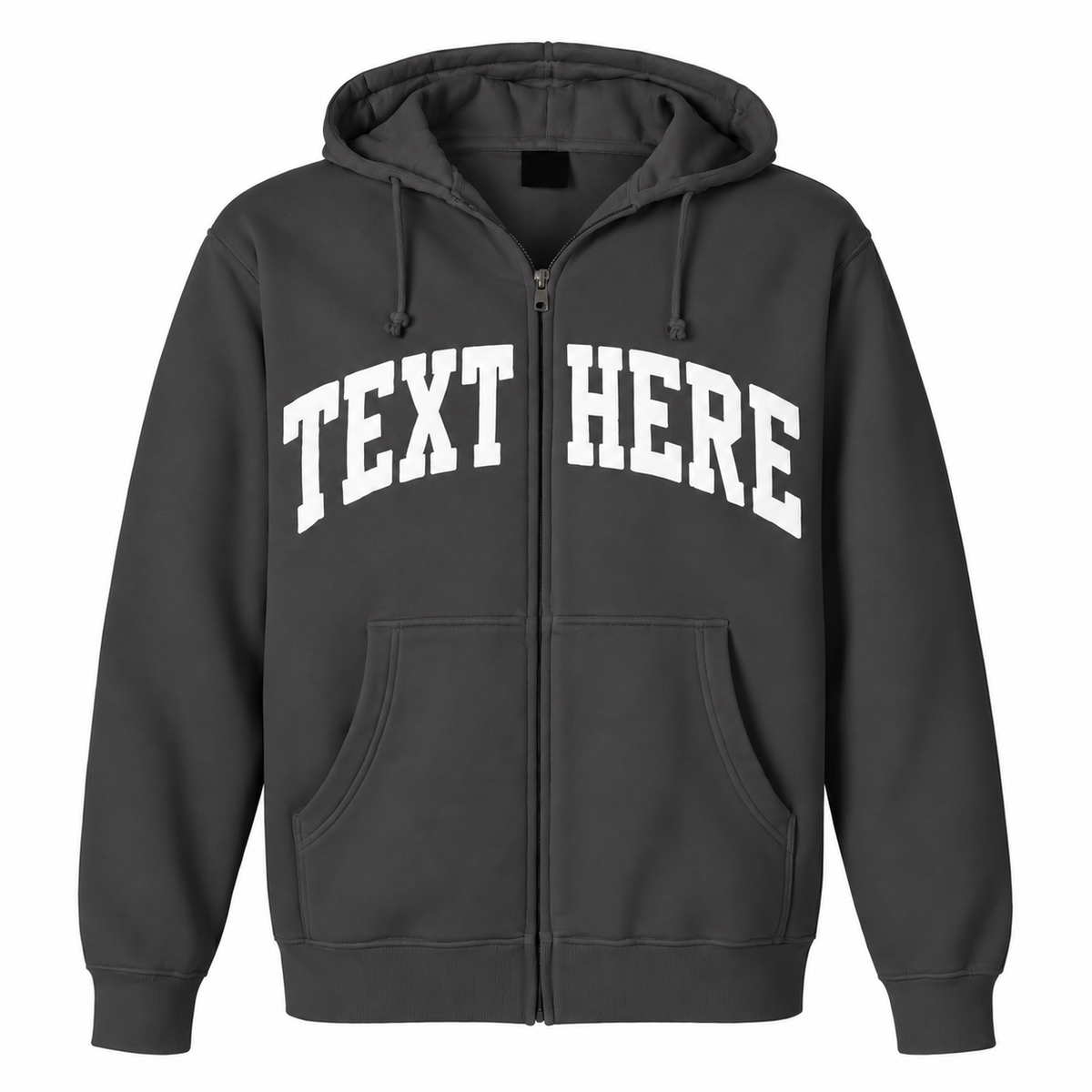 A dark gray zip-up hoodie with 'TEXT HERE' printed in white arched block letters across the chest, shown on a plain white background.