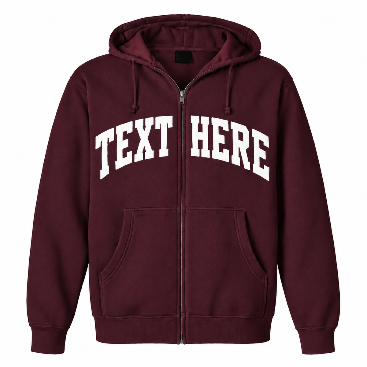 A maroon zip-up hoodie with 'TEXT HERE' printed in white arched block letters across the chest, displayed on a solid white background.