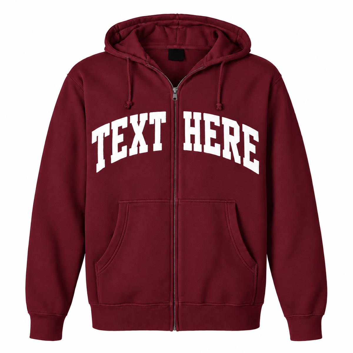 A maroon zip-up hoodie with 'TEXT HERE' printed in white arched block letters across the chest, shown on a plain white background.