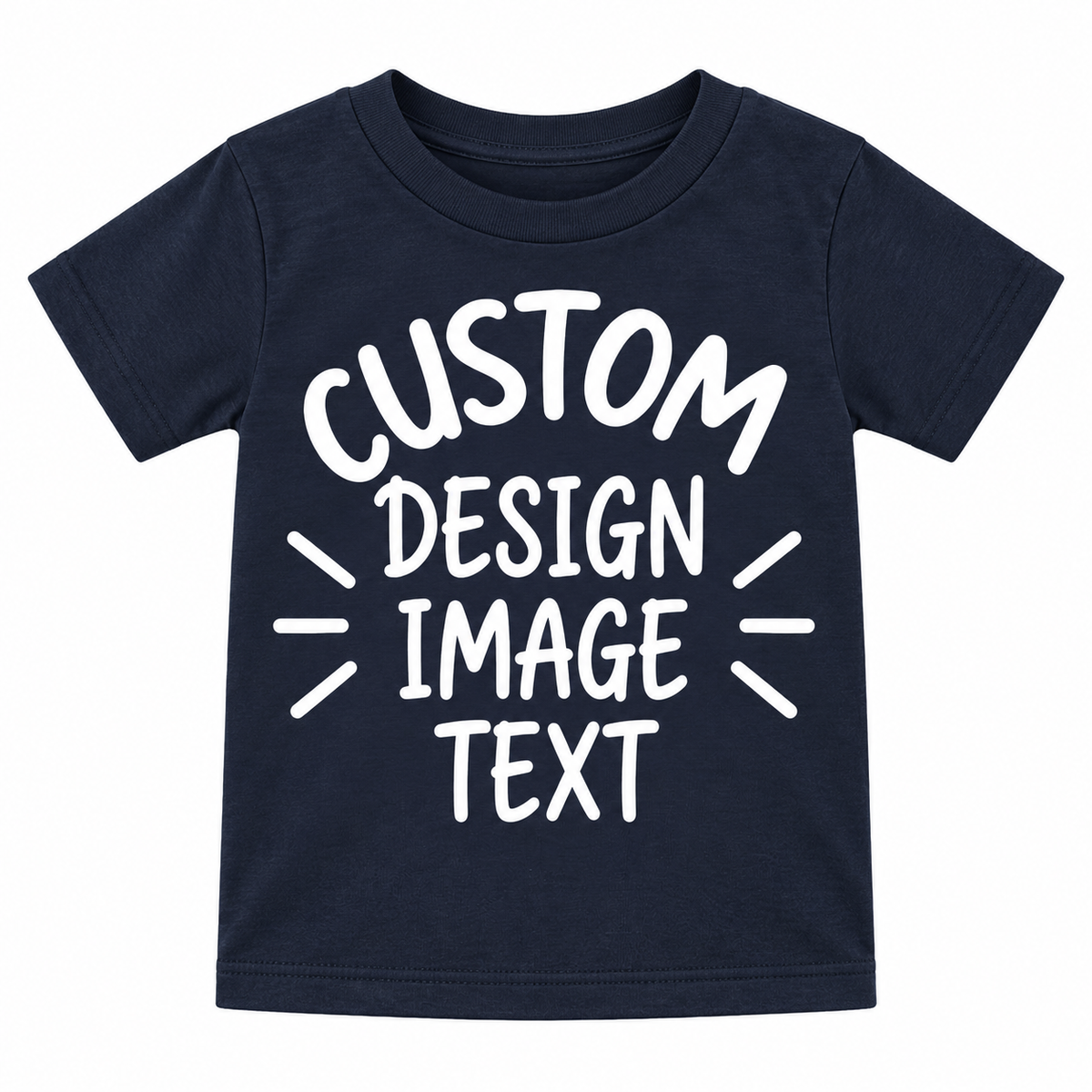 A navy blue short-sleeve t-shirt with white placeholder text reading 'CUSTOM DESIGN IMAGE TEXT' on the front, displayed against a solid white background.