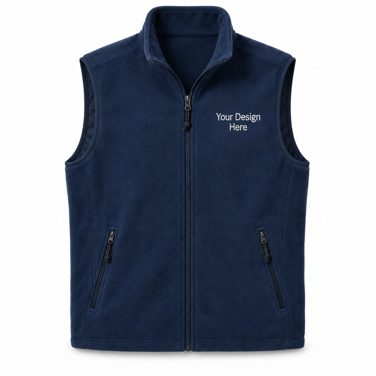 True Navy custom fleece vest with white front left-chest embroidery