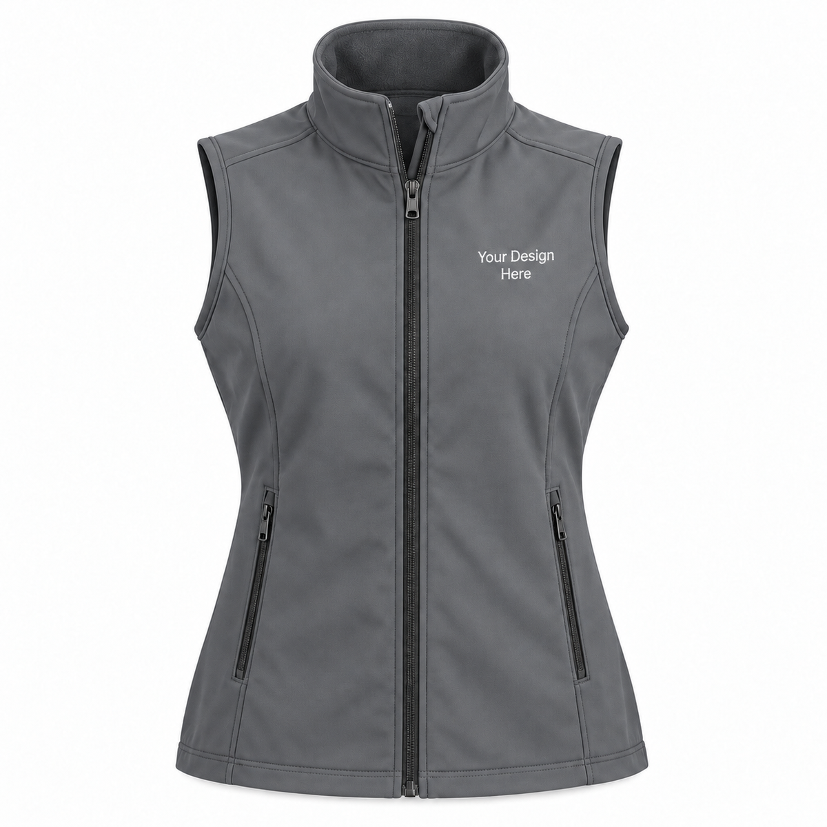 Custom women's Battleship Grey core soft shell vest with front left chest embroidery