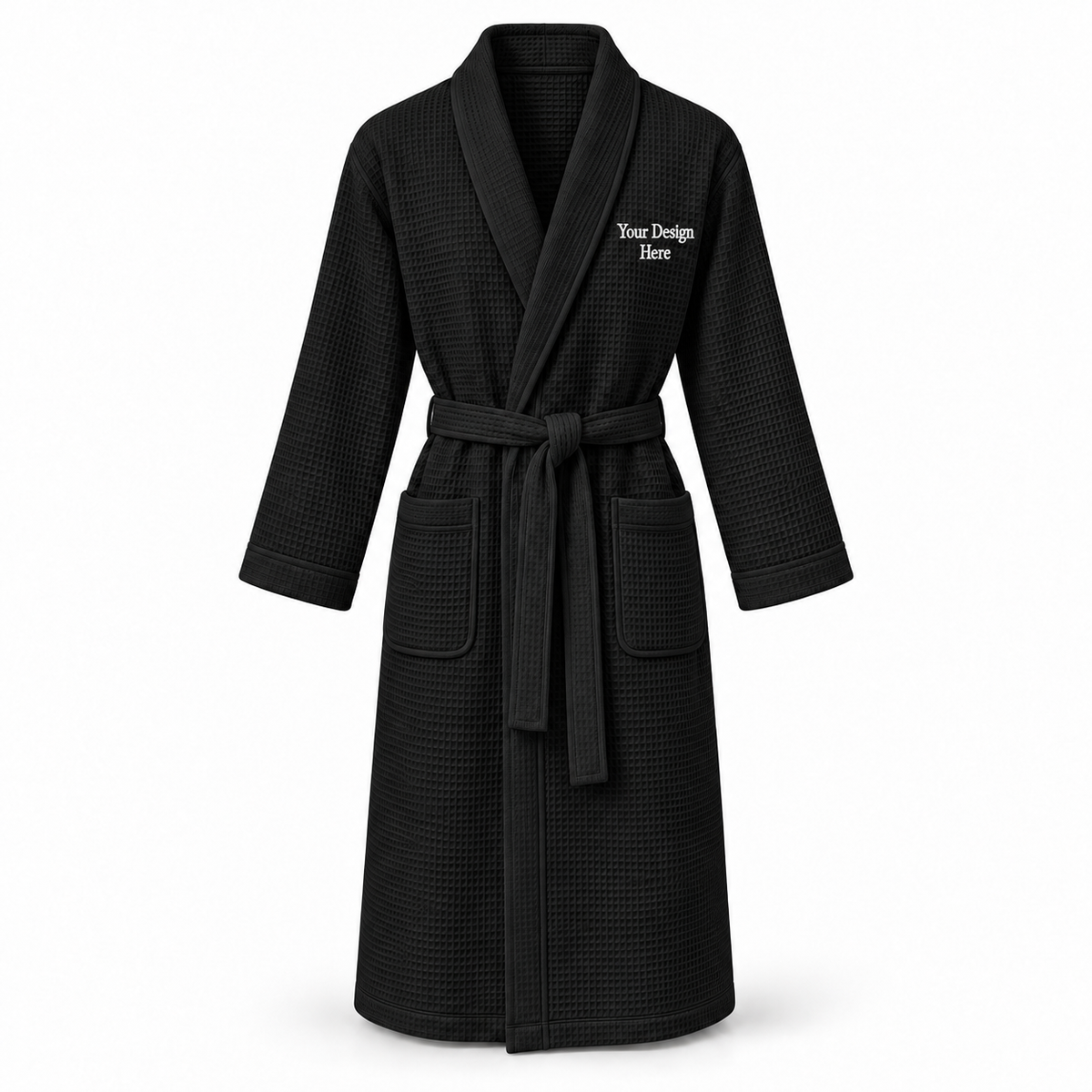 Custom women's full-length lightweight waffle robe in Black with left chest embroidery