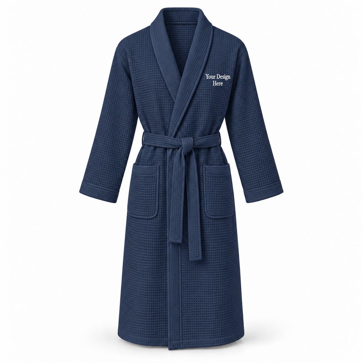 Custom women's full-length lightweight waffle robe in Navy with left chest embroidery