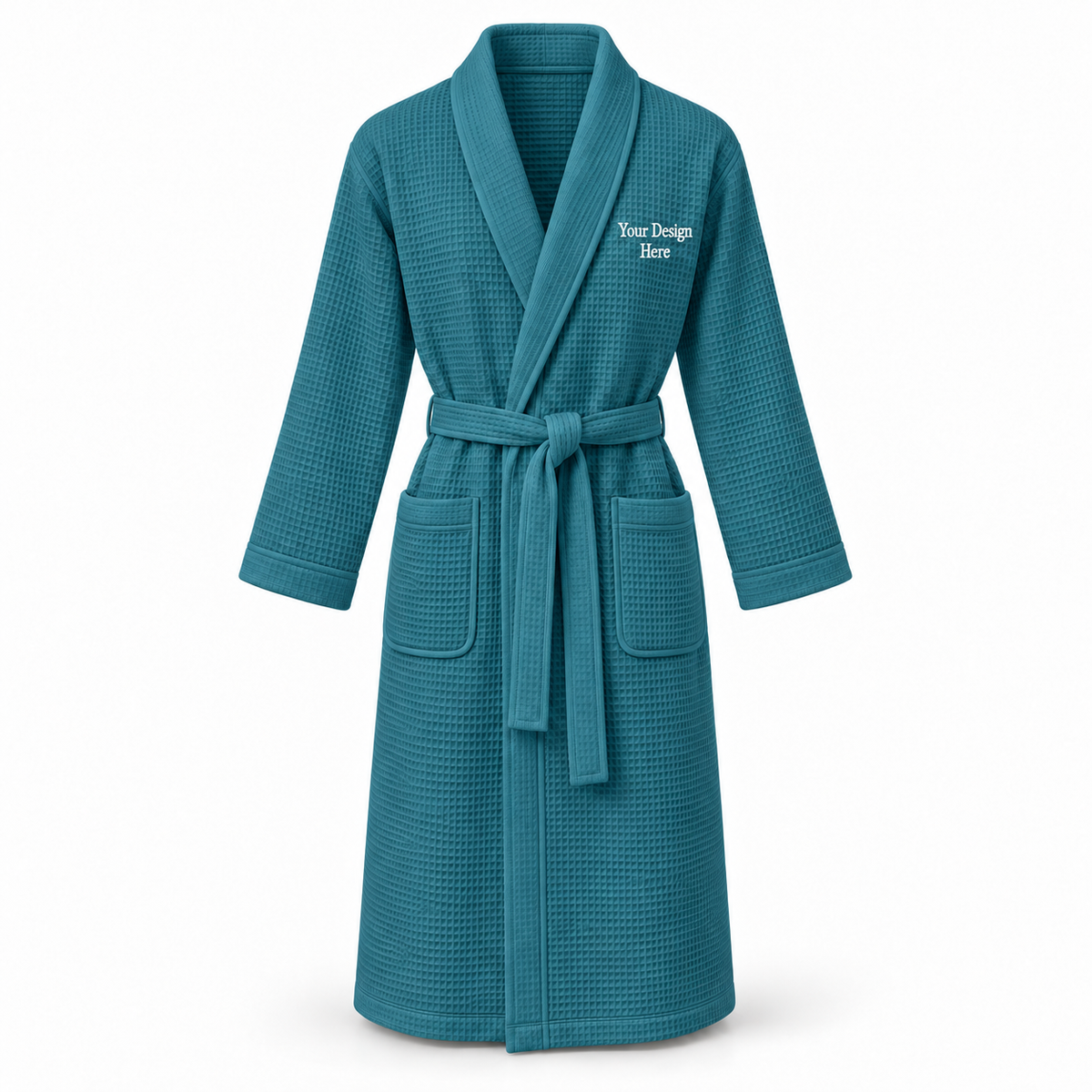 Custom women's full-length lightweight waffle robe in Teal with left chest embroidery