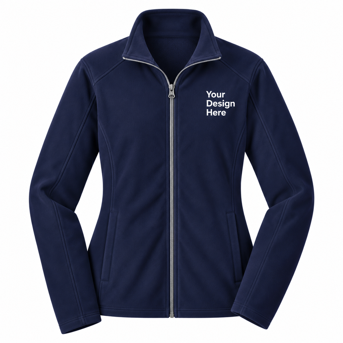 A navy blue zip-up fleece jacket with a mock neck collar, shown on a plain white background. The right chest area features white placeholder text reading 'Your Design Here' indicating a customizable print-on-demand product.