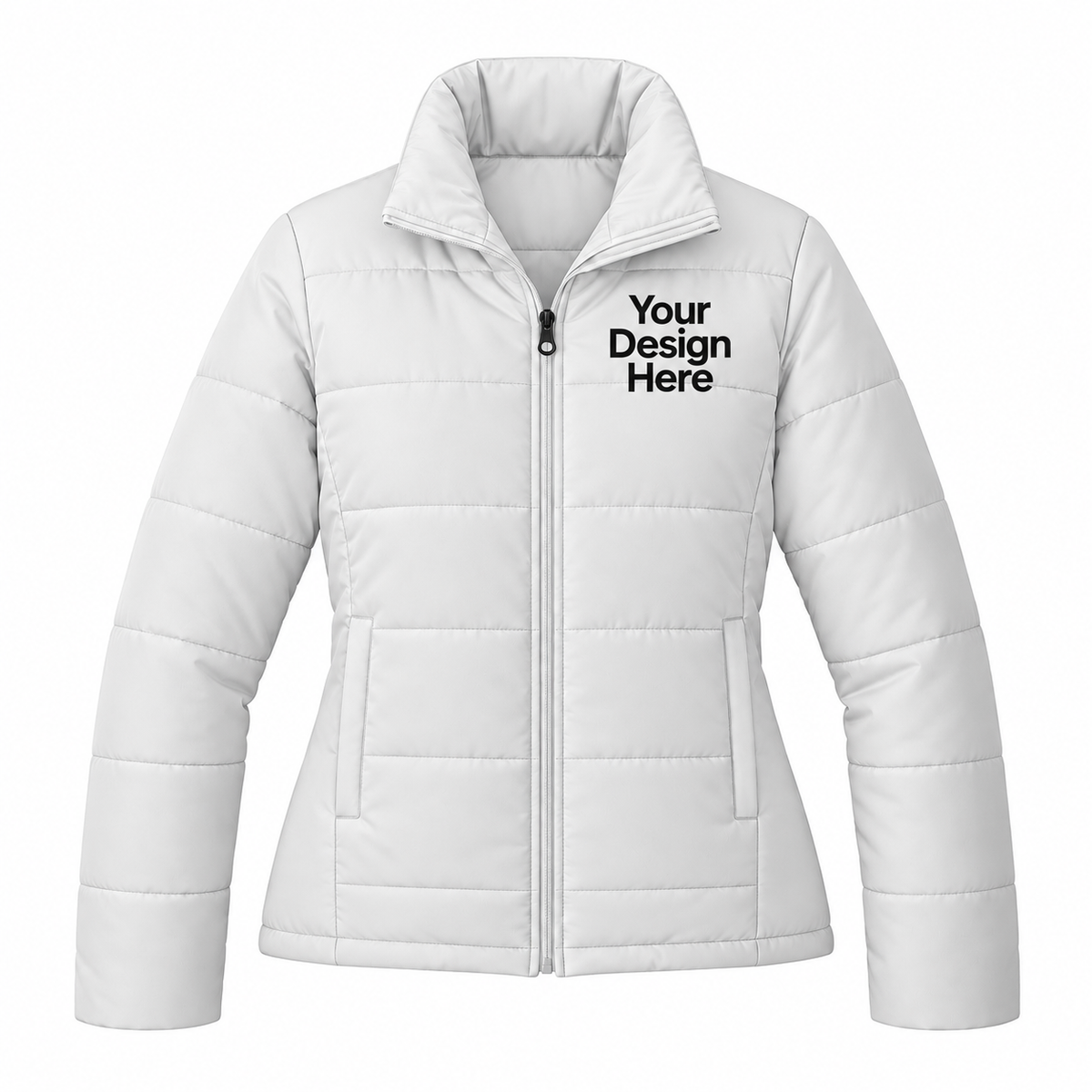 A white quilted puffer jacket with a stand-up collar, front zipper, and side pockets, featuring the text 'Your Design Here' printed in black on the left chest, shown on a plain white background.