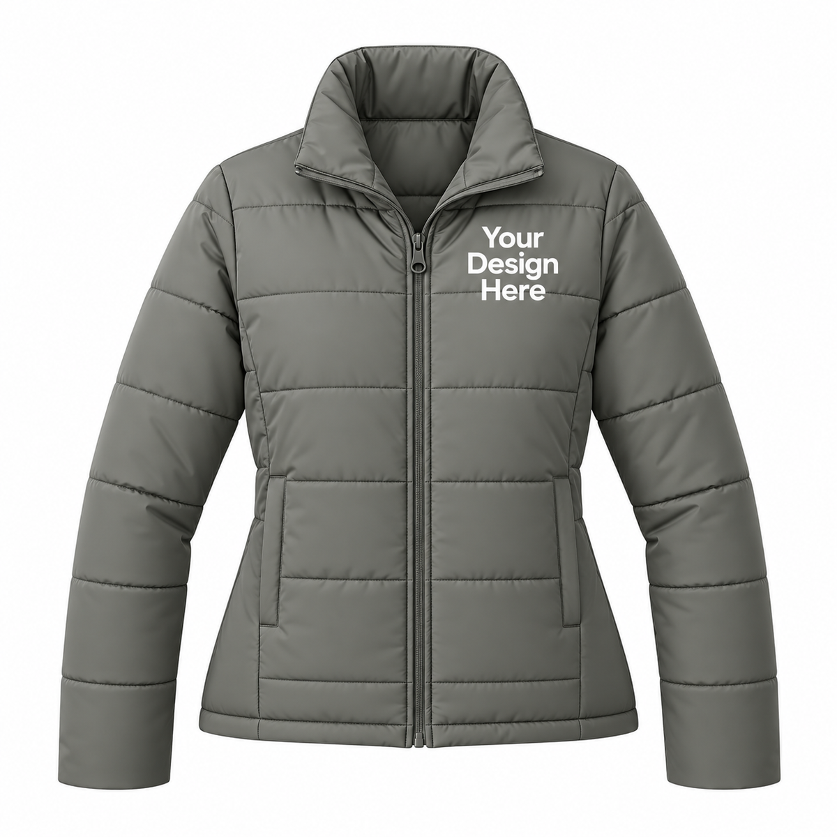 A gray puffer jacket with a mock neck, full zipper, and horizontal quilting. The left chest features white placeholder text reading 'Your Design Here'.