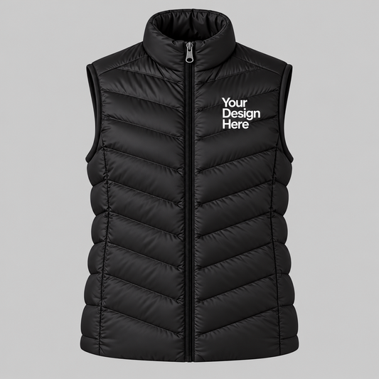 Black custom women's lightweight puffer vest with front chest logo embroidery