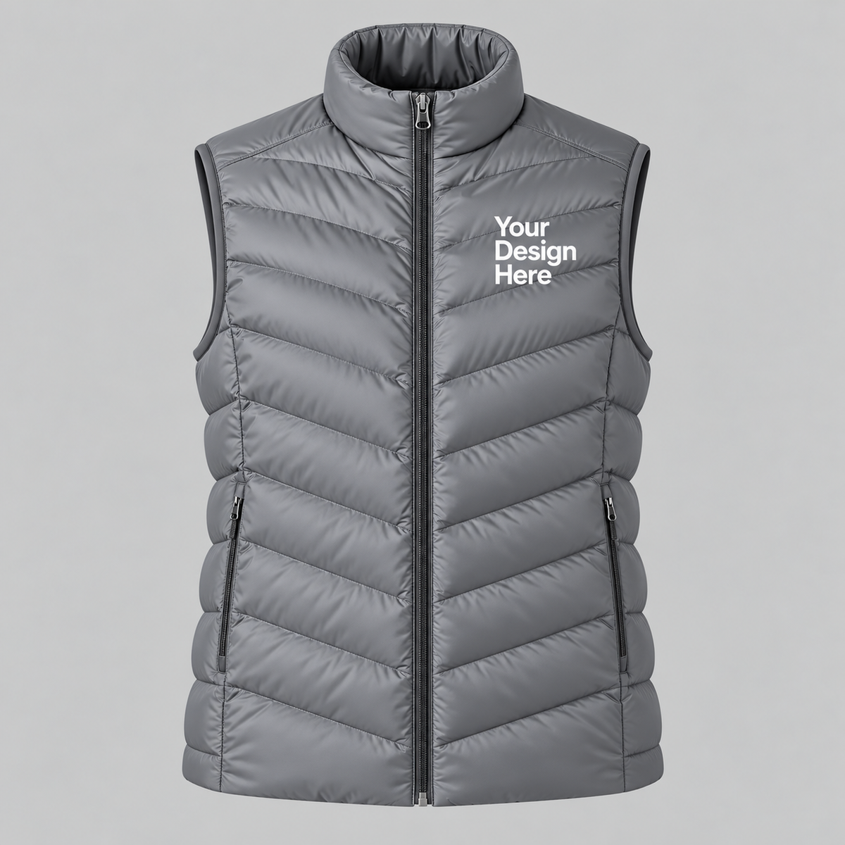 Gray custom women's lightweight puffer vest with front chest logo embroidery