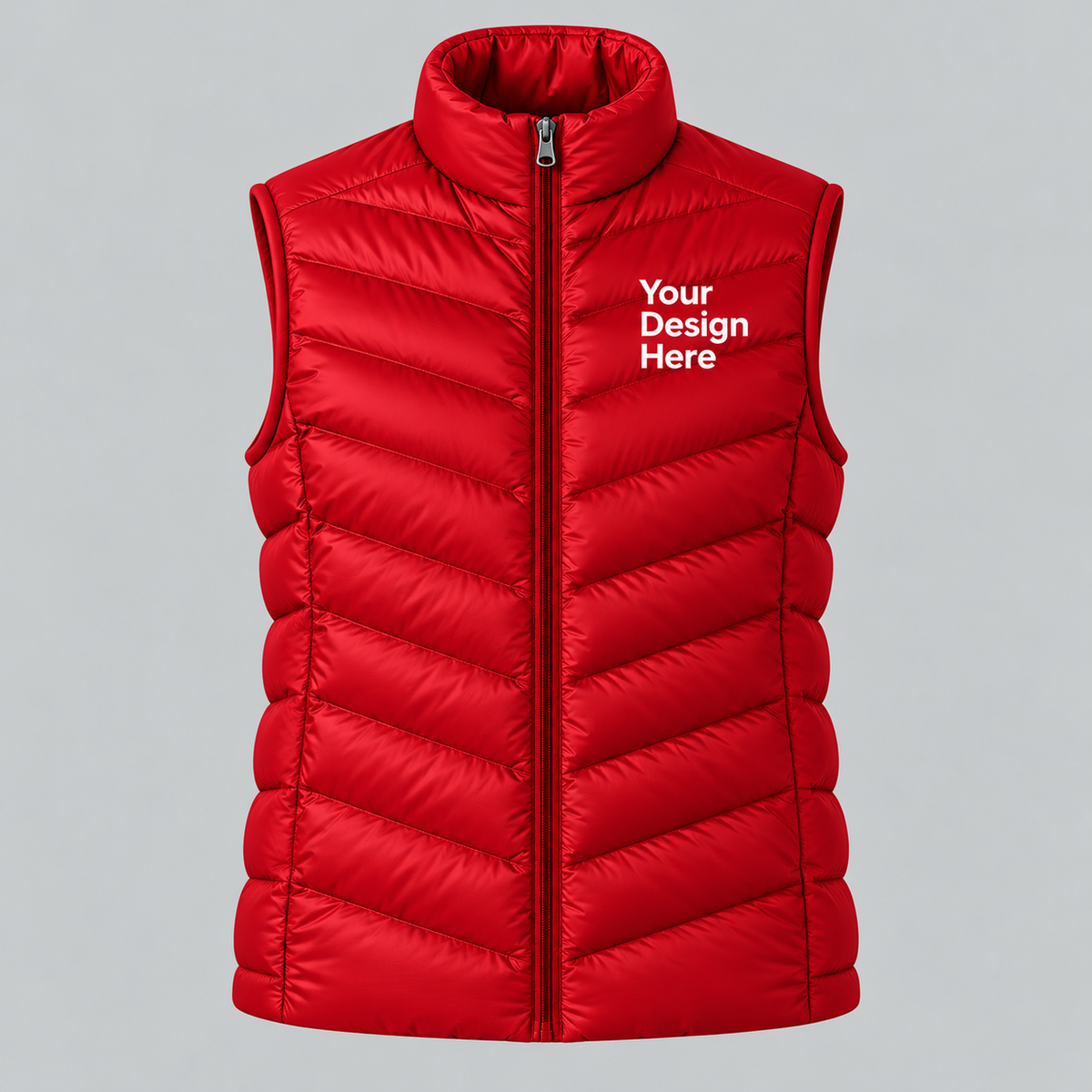 Red custom women's lightweight puffer vest with front chest logo embroidery