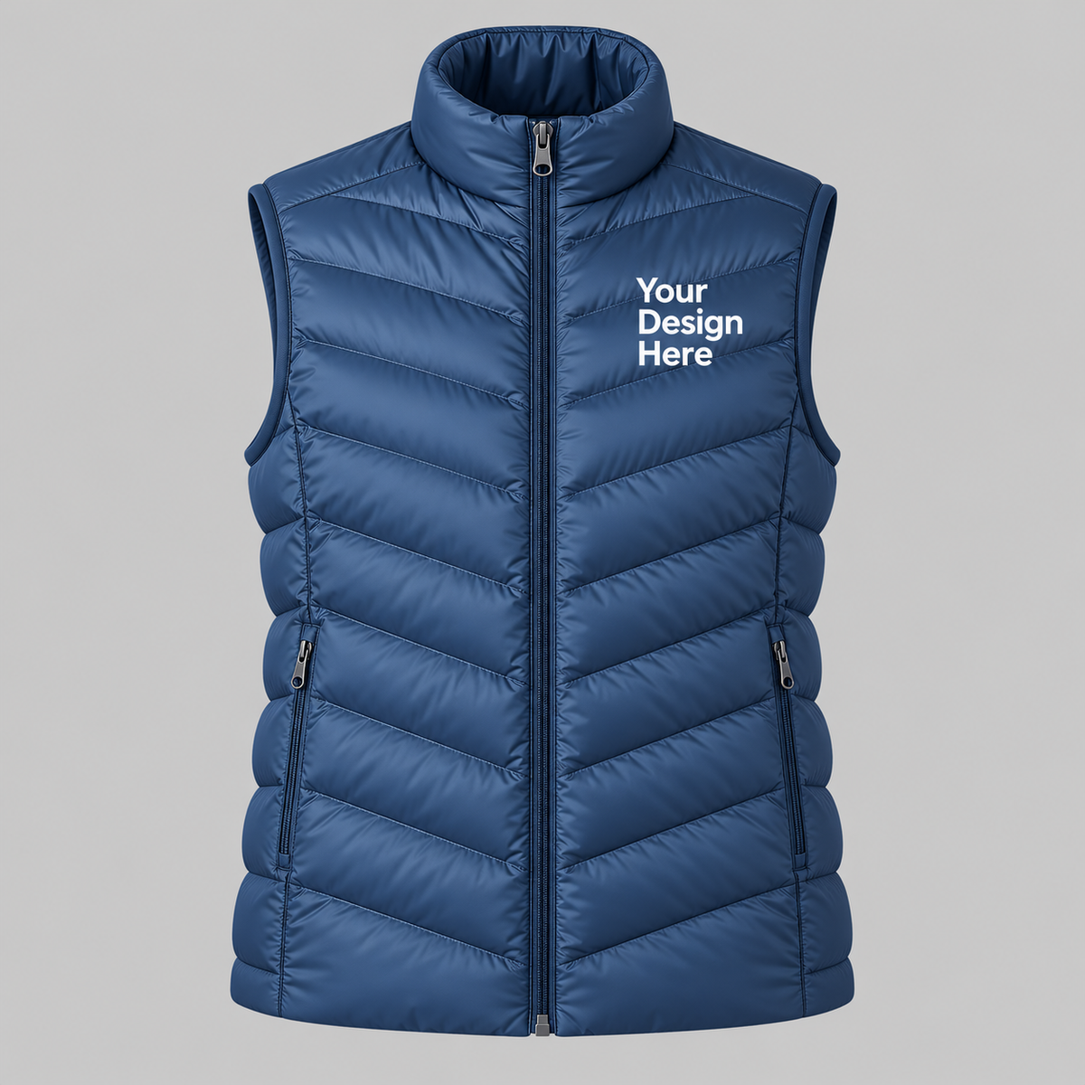 Royal blue custom women's lightweight puffer vest with front chest logo embroidery