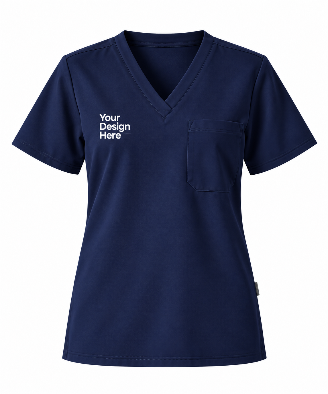 Navy custom women’s scrub top with logo embroidery