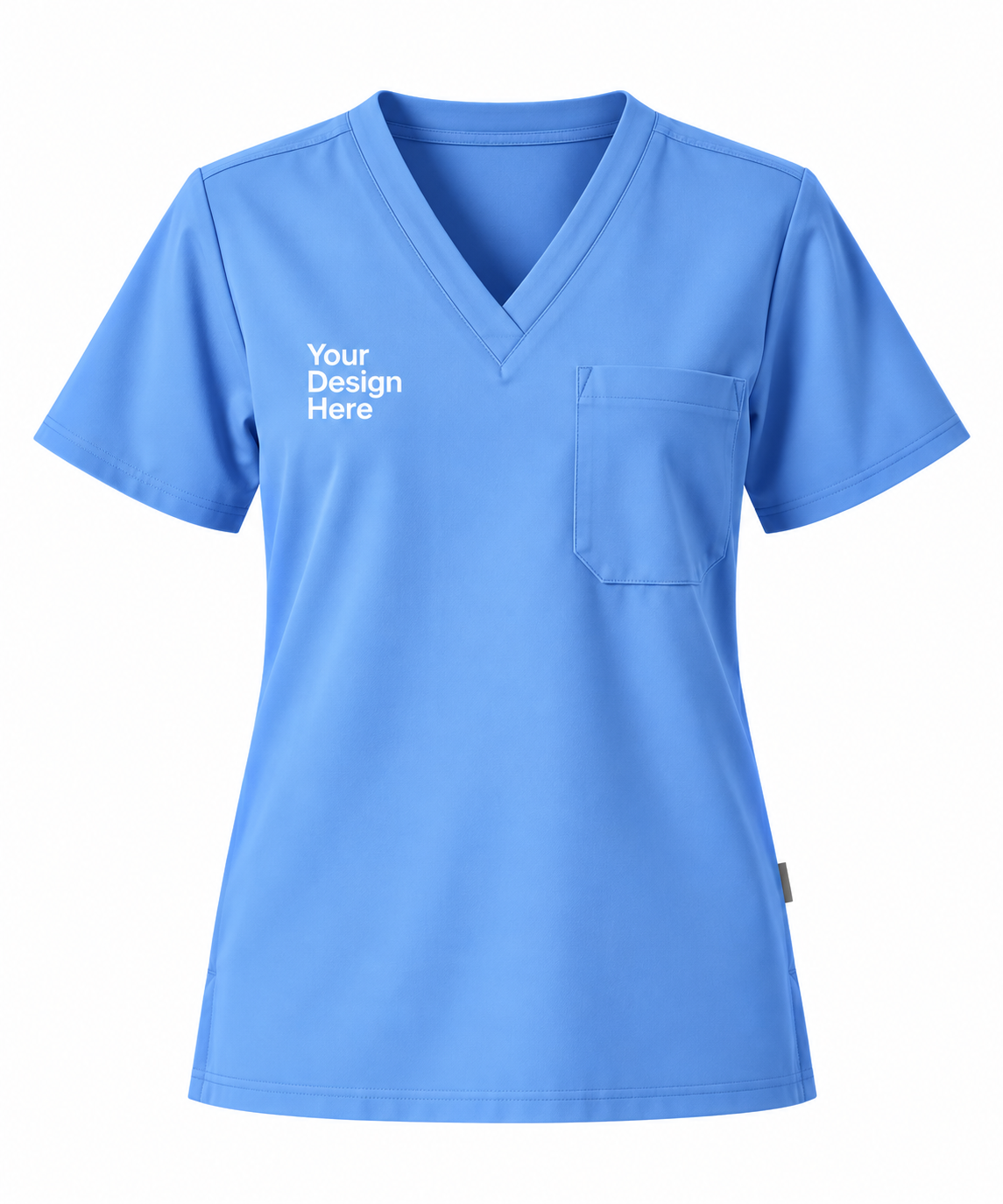 Sky blue custom women’s scrub top with logo embroidery