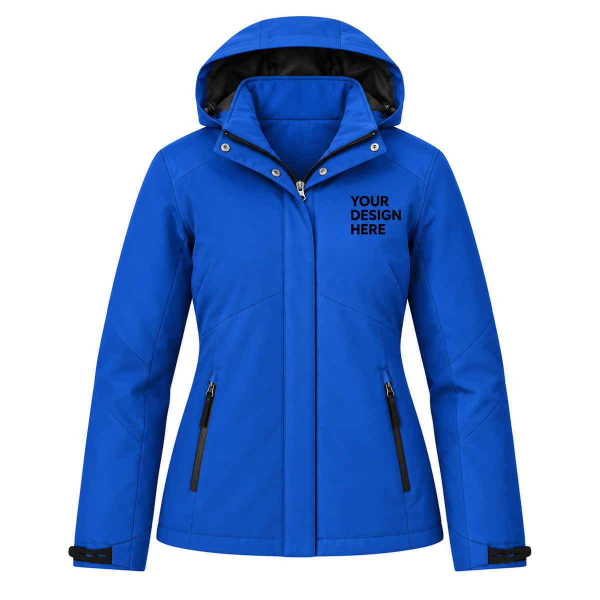 A bright blue hooded jacket with a front zipper, zippered hand pockets, and black trim, featuring the text 'YOUR DESIGN HERE' printed on the left chest. The jacket is displayed on a clean white background.