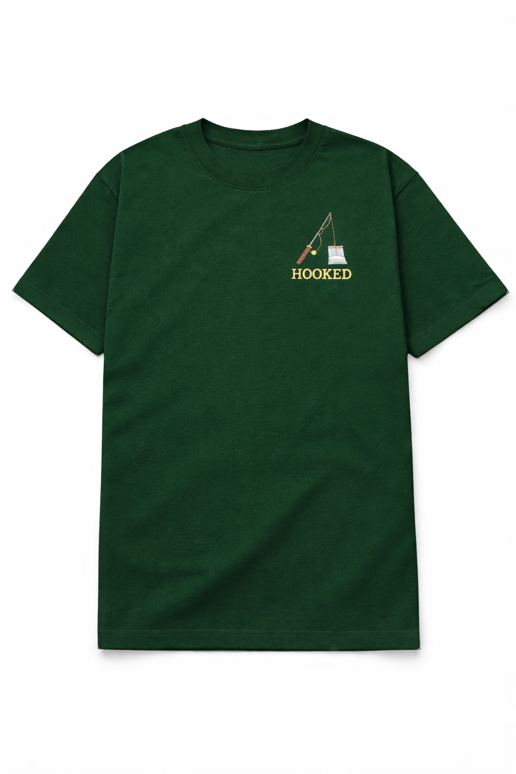 Dark green t shirt with a small chest DTF printed fishing rod design and the word Hooked