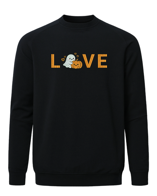 Fall LOVE embroidery with ghost hugging pumpkin, Halloween design for seasonal decorations and festive embroidered artwork