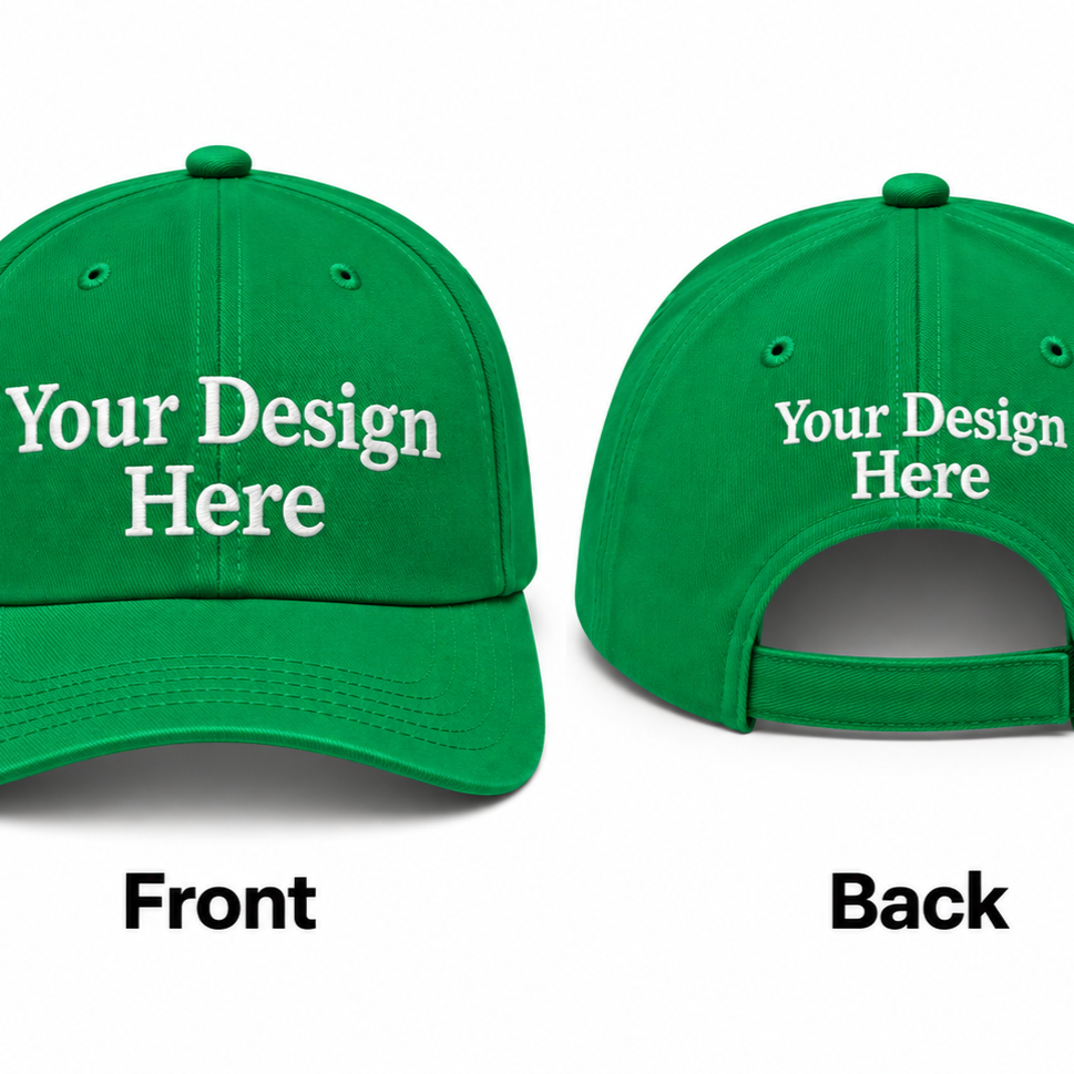 green f52b63e3 a8c5 493f 8525 e418b9a29f91 custom embroidered baseball hat shown from the front and back