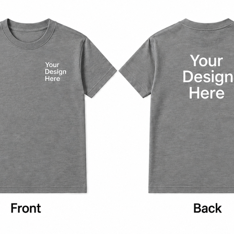 Grey custom heavy cotton T-shirt showing front and back logo design placement